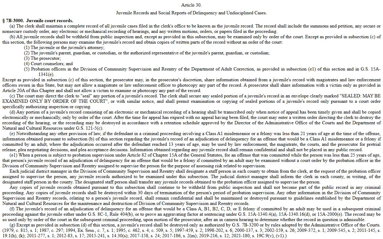 Wilson County Clerk of Superior Court juvenile records confidentiality statute