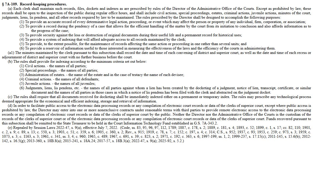 Wilson County Clerk of Superior Court record keeping statute