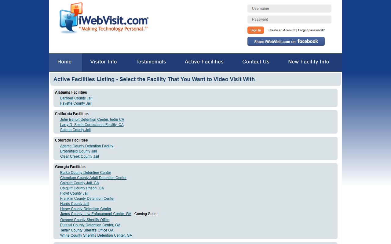 Wilson County inmate records iWebVisit facility selector